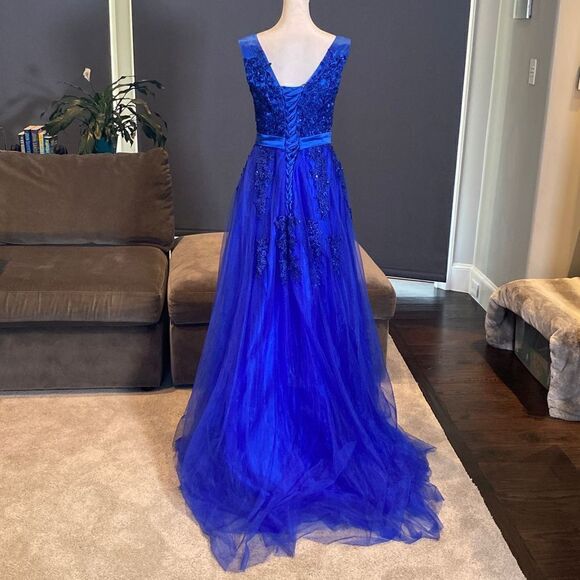 Women’s Blue Full Length Prom Party Dress with Small Train & Corset Back Size 6 - Picture 6 of 12